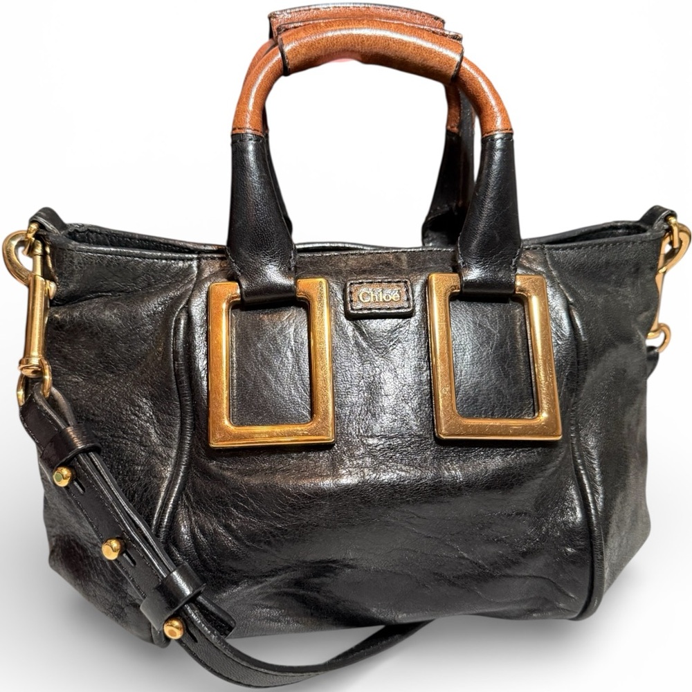 Chloe Ethel Black Lambskin Leather Handbag with Gold Accents